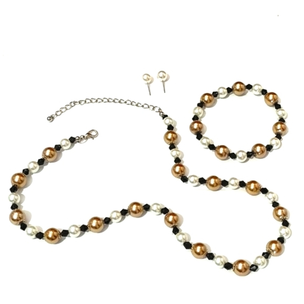 VINTAGE FAUX PEARL GOLD BLACK BEADED 17-21"NECKLACE STRETCH BRACELET EARRING SET